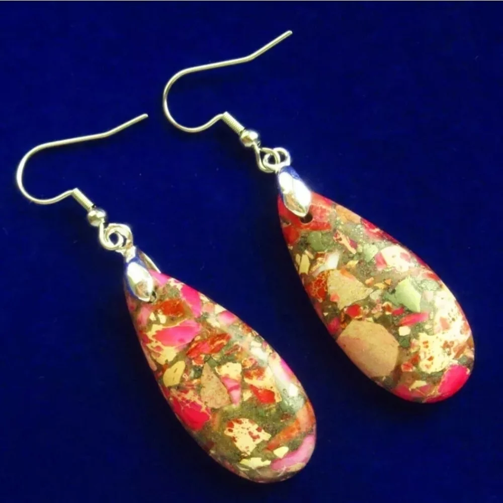 Ruby Orange Sea Sediment Jasper Pyrite Teardrop Pendant Earrings Gemstone - Picture 5 of 5